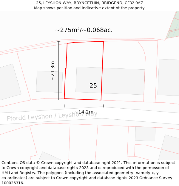 25, LEYSHON WAY, BRYNCETHIN, BRIDGEND, CF32 9AZ: Plot and title map