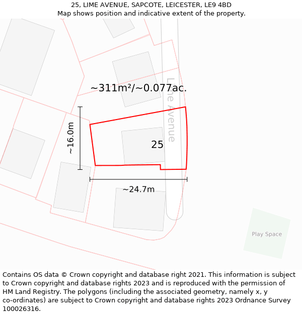 25, LIME AVENUE, SAPCOTE, LEICESTER, LE9 4BD: Plot and title map