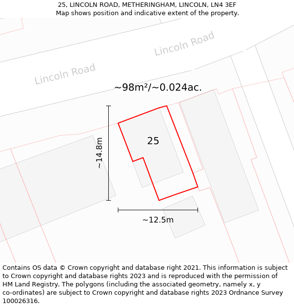 25, LINCOLN ROAD, METHERINGHAM, LINCOLN, LN4 3EF: Plot and title map