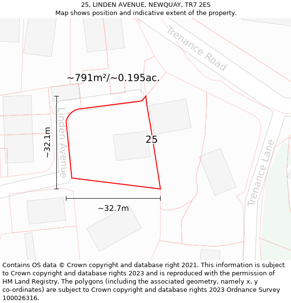 25, LINDEN AVENUE, NEWQUAY, TR7 2ES: Plot and title map