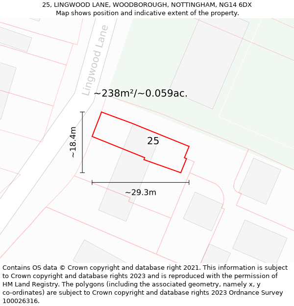 25, LINGWOOD LANE, WOODBOROUGH, NOTTINGHAM, NG14 6DX: Plot and title map