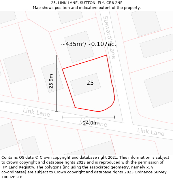 25, LINK LANE, SUTTON, ELY, CB6 2NF: Plot and title map