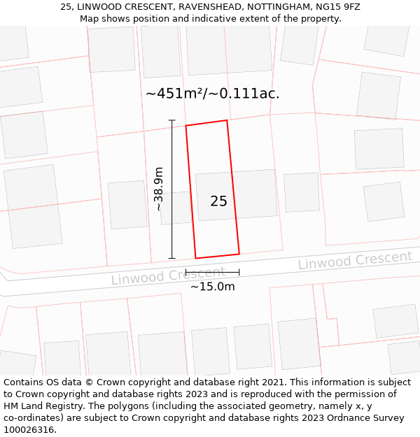 25, LINWOOD CRESCENT, RAVENSHEAD, NOTTINGHAM, NG15 9FZ: Plot and title map