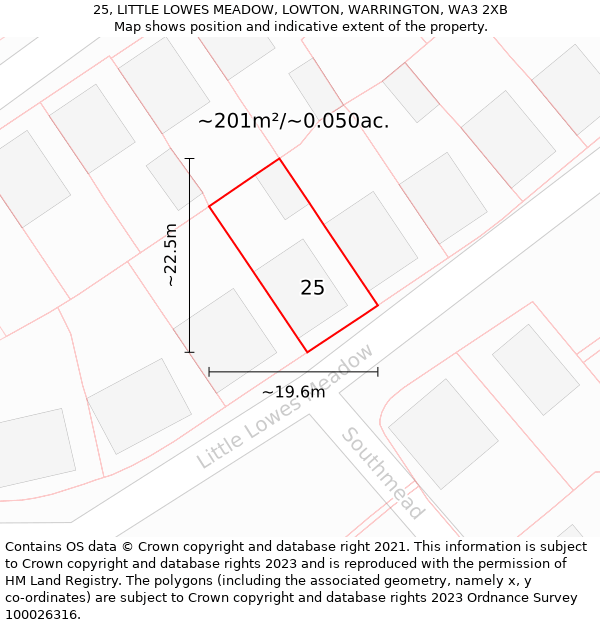 25, LITTLE LOWES MEADOW, LOWTON, WARRINGTON, WA3 2XB: Plot and title map