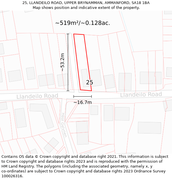 25, LLANDEILO ROAD, UPPER BRYNAMMAN, AMMANFORD, SA18 1BA: Plot and title map