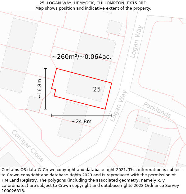 25, LOGAN WAY, HEMYOCK, CULLOMPTON, EX15 3RD: Plot and title map