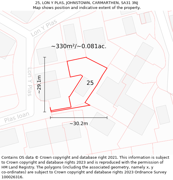 25, LON Y PLAS, JOHNSTOWN, CARMARTHEN, SA31 3NJ: Plot and title map