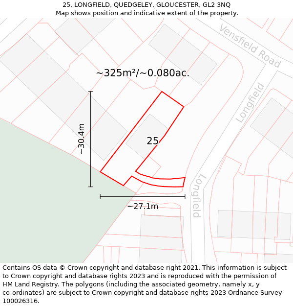 25, LONGFIELD, QUEDGELEY, GLOUCESTER, GL2 3NQ: Plot and title map