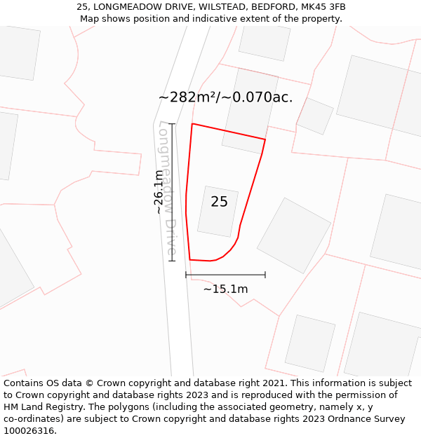 25, LONGMEADOW DRIVE, WILSTEAD, BEDFORD, MK45 3FB: Plot and title map