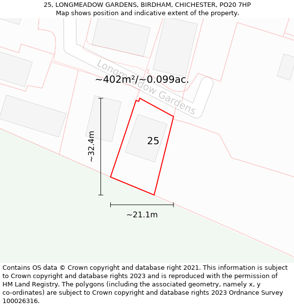 25, LONGMEADOW GARDENS, BIRDHAM, CHICHESTER, PO20 7HP: Plot and title map