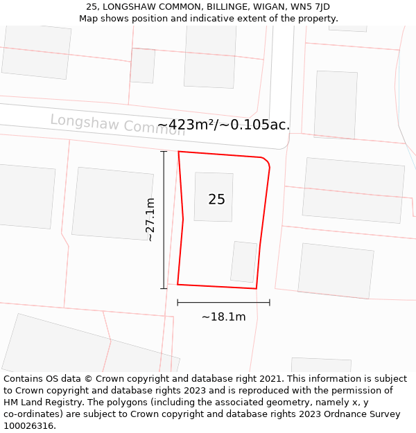 25, LONGSHAW COMMON, BILLINGE, WIGAN, WN5 7JD: Plot and title map