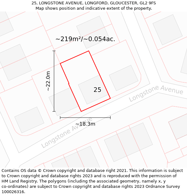 25, LONGSTONE AVENUE, LONGFORD, GLOUCESTER, GL2 9FS: Plot and title map