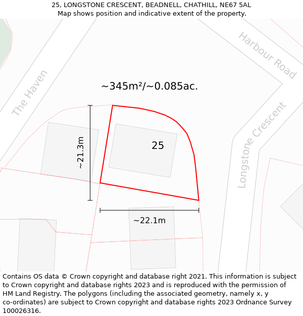 25, LONGSTONE CRESCENT, BEADNELL, CHATHILL, NE67 5AL: Plot and title map