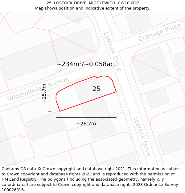 25, LOSTOCK DRIVE, MIDDLEWICH, CW10 0GP: Plot and title map