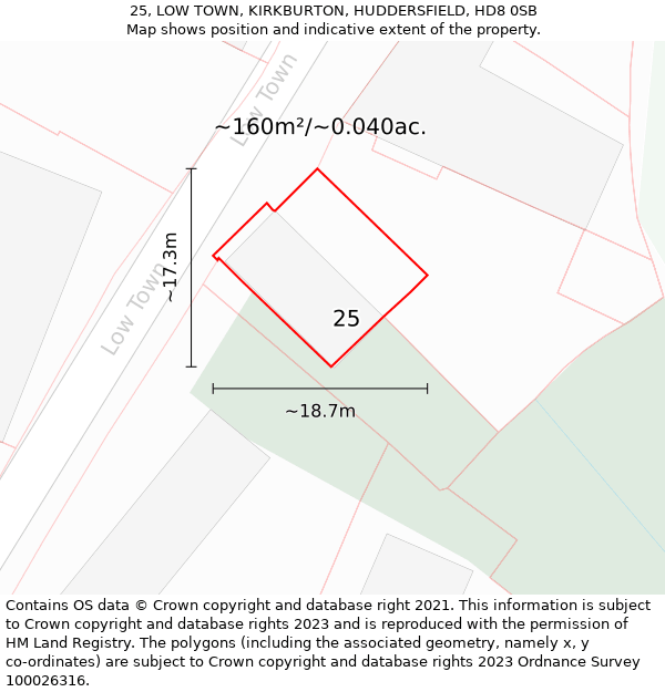 25, LOW TOWN, KIRKBURTON, HUDDERSFIELD, HD8 0SB: Plot and title map