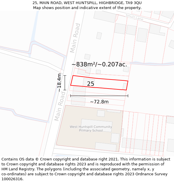 25, MAIN ROAD, WEST HUNTSPILL, HIGHBRIDGE, TA9 3QU: Plot and title map