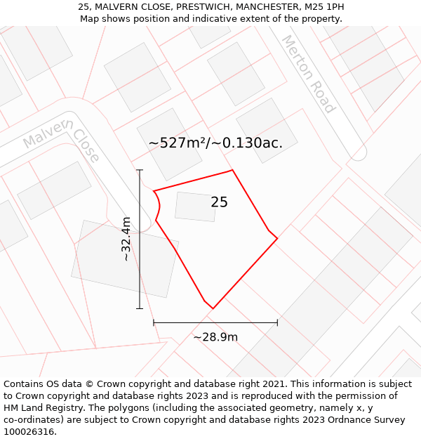 25, MALVERN CLOSE, PRESTWICH, MANCHESTER, M25 1PH: Plot and title map