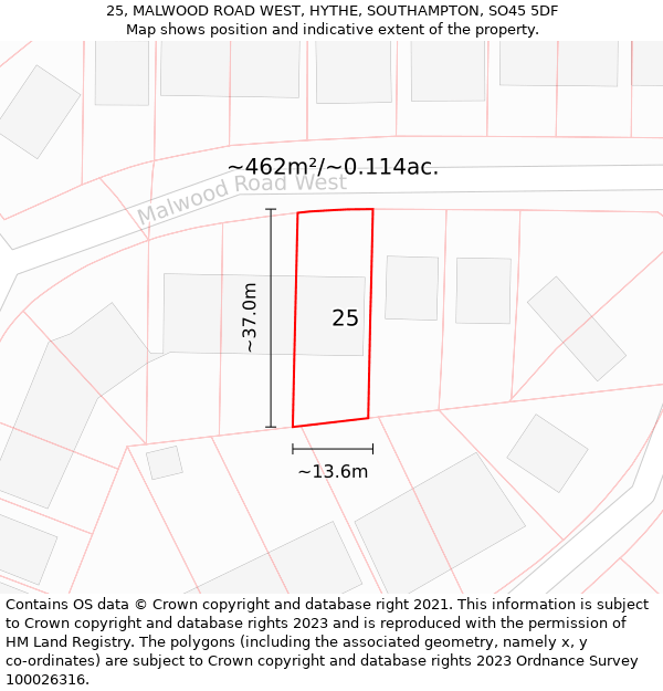 25, MALWOOD ROAD WEST, HYTHE, SOUTHAMPTON, SO45 5DF: Plot and title map