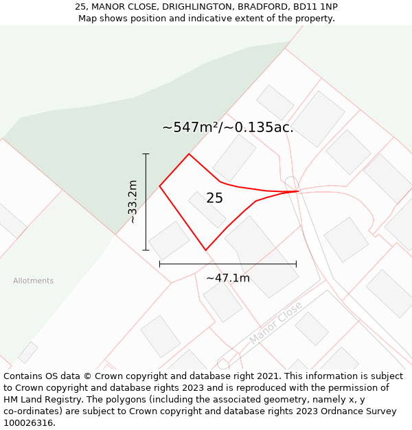 25, MANOR CLOSE, DRIGHLINGTON, BRADFORD, BD11 1NP: Plot and title map