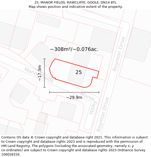 25, MANOR FIELDS, RAWCLIFFE, GOOLE, DN14 8TL: Plot and title map