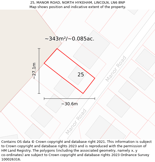 25, MANOR ROAD, NORTH HYKEHAM, LINCOLN, LN6 8NP: Plot and title map