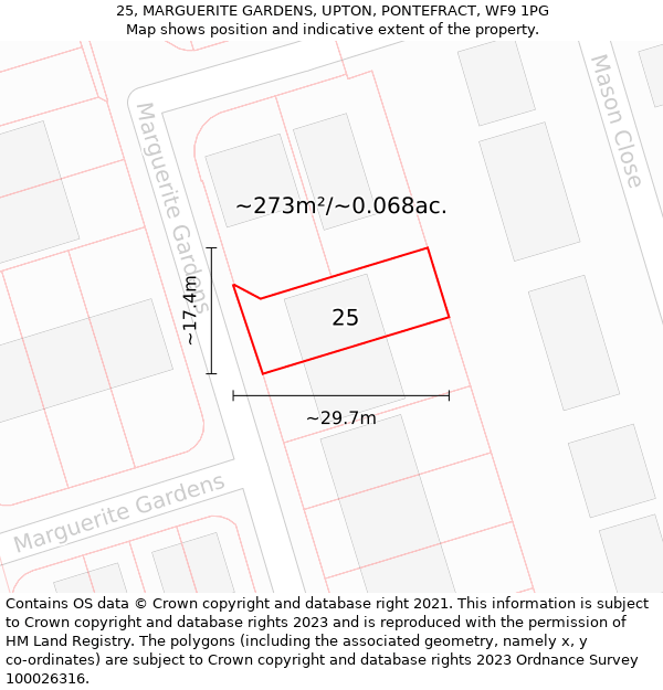 25, MARGUERITE GARDENS, UPTON, PONTEFRACT, WF9 1PG: Plot and title map