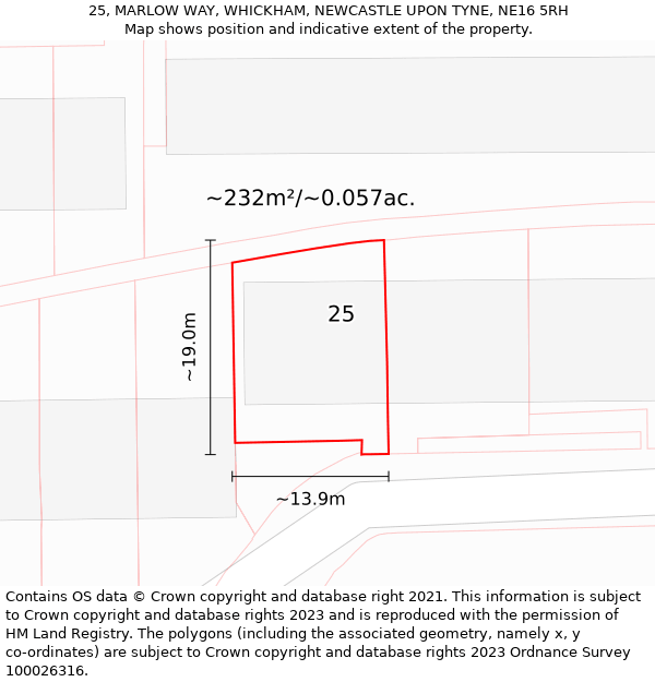 25, MARLOW WAY, WHICKHAM, NEWCASTLE UPON TYNE, NE16 5RH: Plot and title map