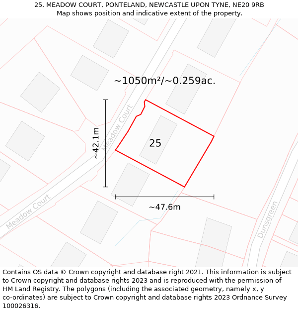 25, MEADOW COURT, PONTELAND, NEWCASTLE UPON TYNE, NE20 9RB: Plot and title map