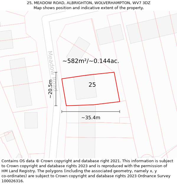 25, MEADOW ROAD, ALBRIGHTON, WOLVERHAMPTON, WV7 3DZ: Plot and title map