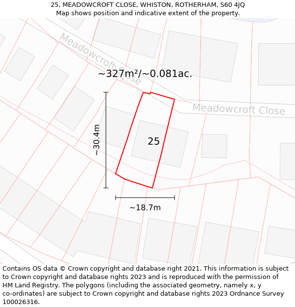 25, MEADOWCROFT CLOSE, WHISTON, ROTHERHAM, S60 4JQ: Plot and title map