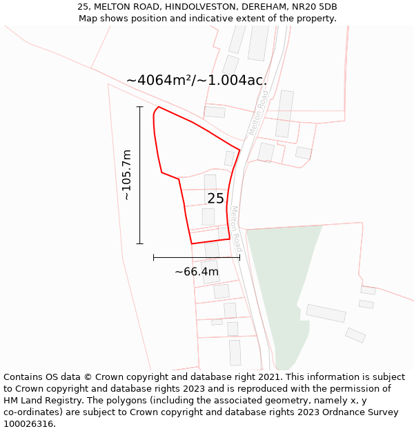 25, MELTON ROAD, HINDOLVESTON, DEREHAM, NR20 5DB: Plot and title map