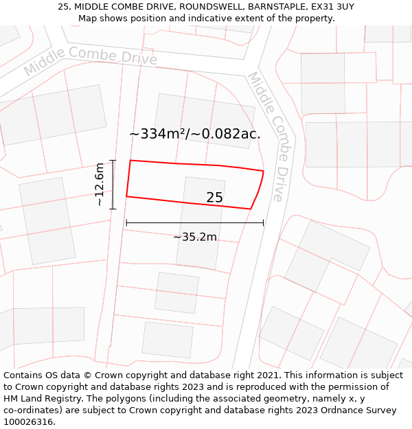 25, MIDDLE COMBE DRIVE, ROUNDSWELL, BARNSTAPLE, EX31 3UY: Plot and title map