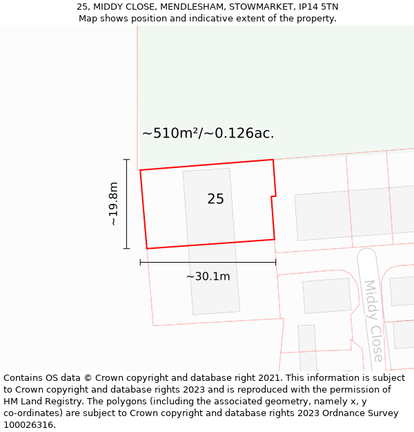 25, MIDDY CLOSE, MENDLESHAM, STOWMARKET, IP14 5TN: Plot and title map