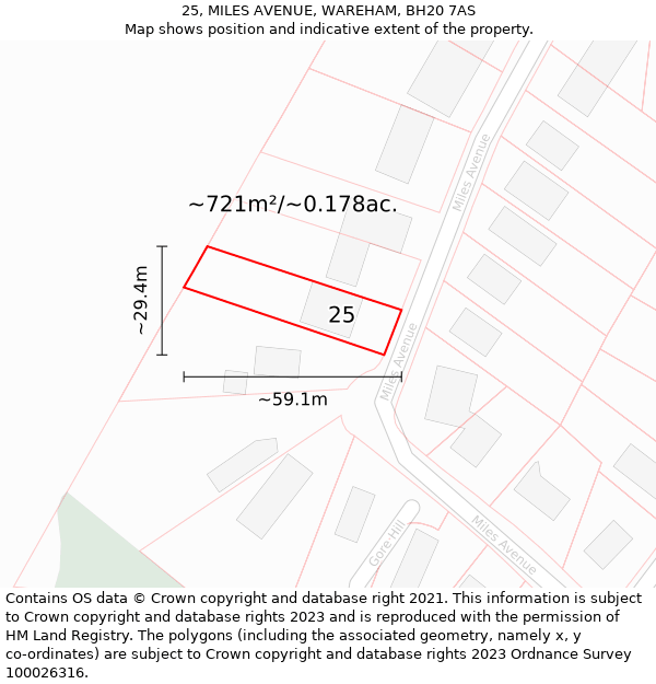 25, MILES AVENUE, WAREHAM, BH20 7AS: Plot and title map