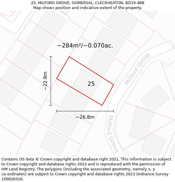 25, MILFORD GROVE, GOMERSAL, CLECKHEATON, BD19 4BB: Plot and title map