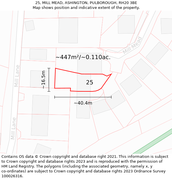 25, MILL MEAD, ASHINGTON, PULBOROUGH, RH20 3BE: Plot and title map