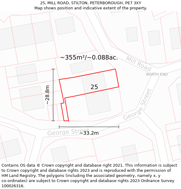 25, MILL ROAD, STILTON, PETERBOROUGH, PE7 3XY: Plot and title map