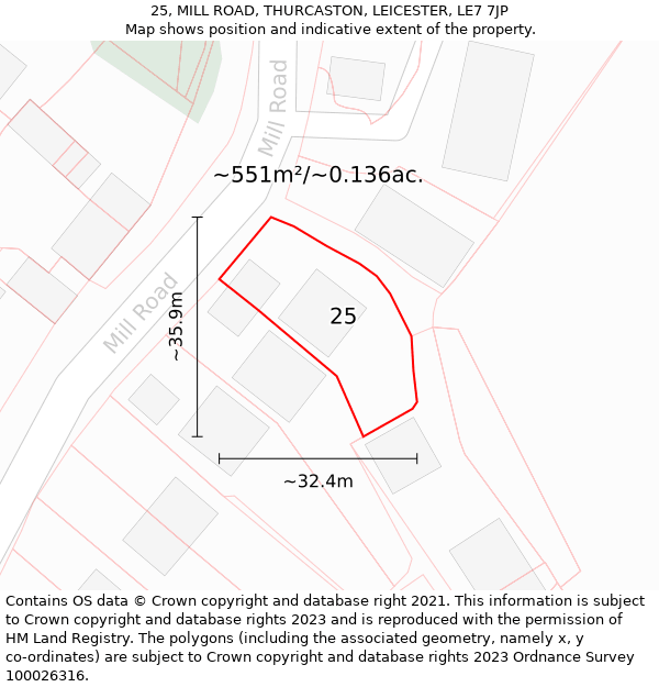 25, MILL ROAD, THURCASTON, LEICESTER, LE7 7JP: Plot and title map