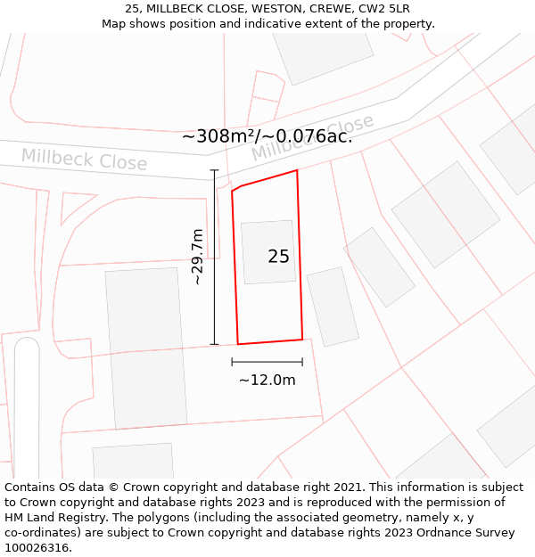 25, MILLBECK CLOSE, WESTON, CREWE, CW2 5LR: Plot and title map