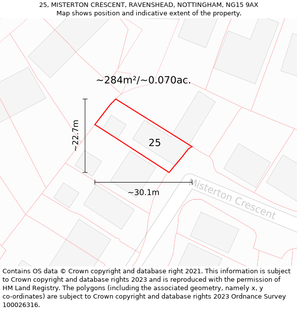 25, MISTERTON CRESCENT, RAVENSHEAD, NOTTINGHAM, NG15 9AX: Plot and title map