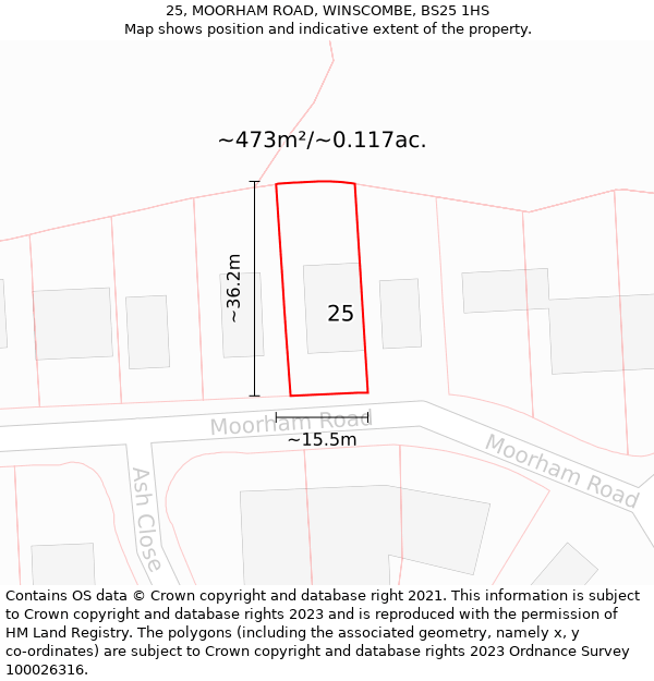 25, MOORHAM ROAD, WINSCOMBE, BS25 1HS: Plot and title map