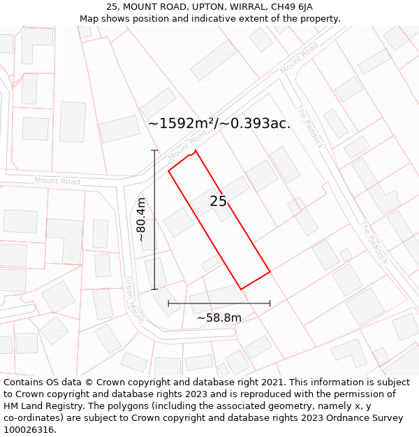 25, MOUNT ROAD, UPTON, WIRRAL, CH49 6JA: Plot and title map