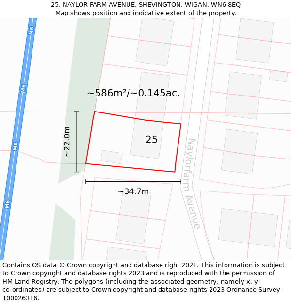 25, NAYLOR FARM AVENUE, SHEVINGTON, WIGAN, WN6 8EQ: Plot and title map