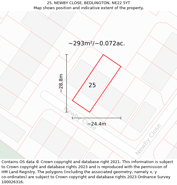 25, NEWBY CLOSE, BEDLINGTON, NE22 5YT: Plot and title map