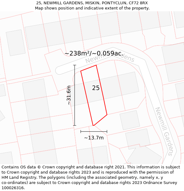 25, NEWMILL GARDENS, MISKIN, PONTYCLUN, CF72 8RX: Plot and title map