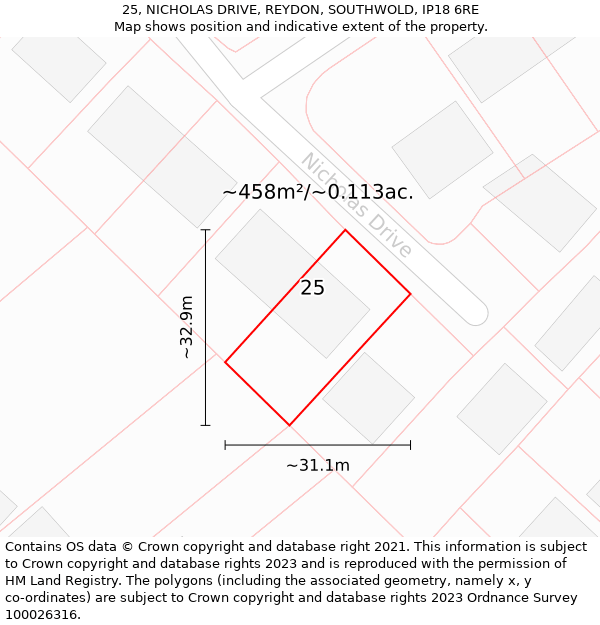 25, NICHOLAS DRIVE, REYDON, SOUTHWOLD, IP18 6RE: Plot and title map