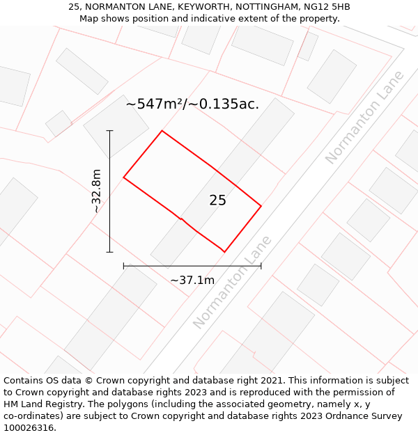 25, NORMANTON LANE, KEYWORTH, NOTTINGHAM, NG12 5HB: Plot and title map