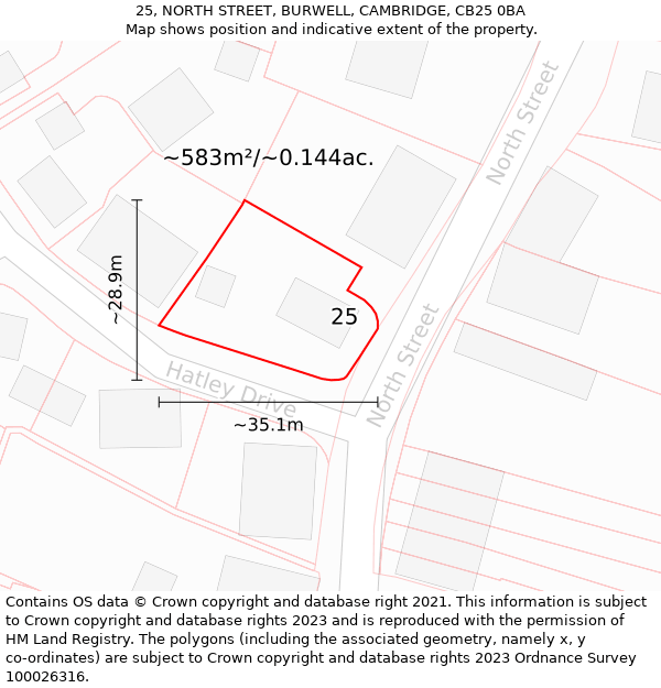 25, NORTH STREET, BURWELL, CAMBRIDGE, CB25 0BA: Plot and title map