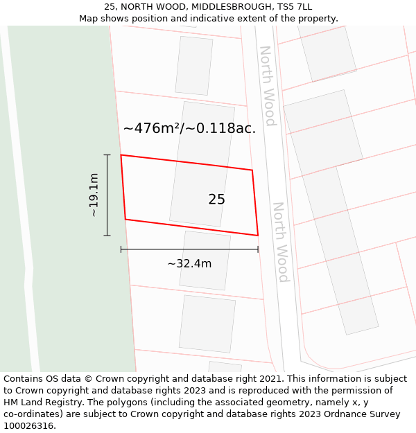 25, NORTH WOOD, MIDDLESBROUGH, TS5 7LL: Plot and title map