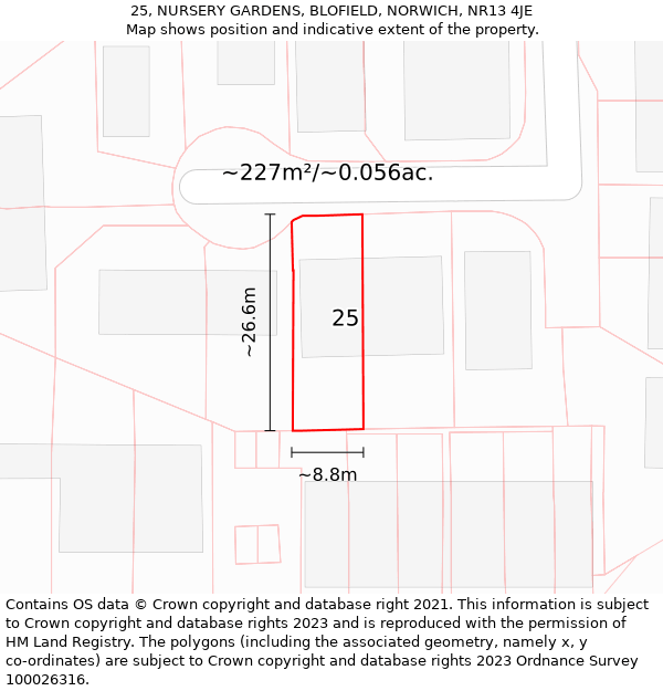 25, NURSERY GARDENS, BLOFIELD, NORWICH, NR13 4JE: Plot and title map